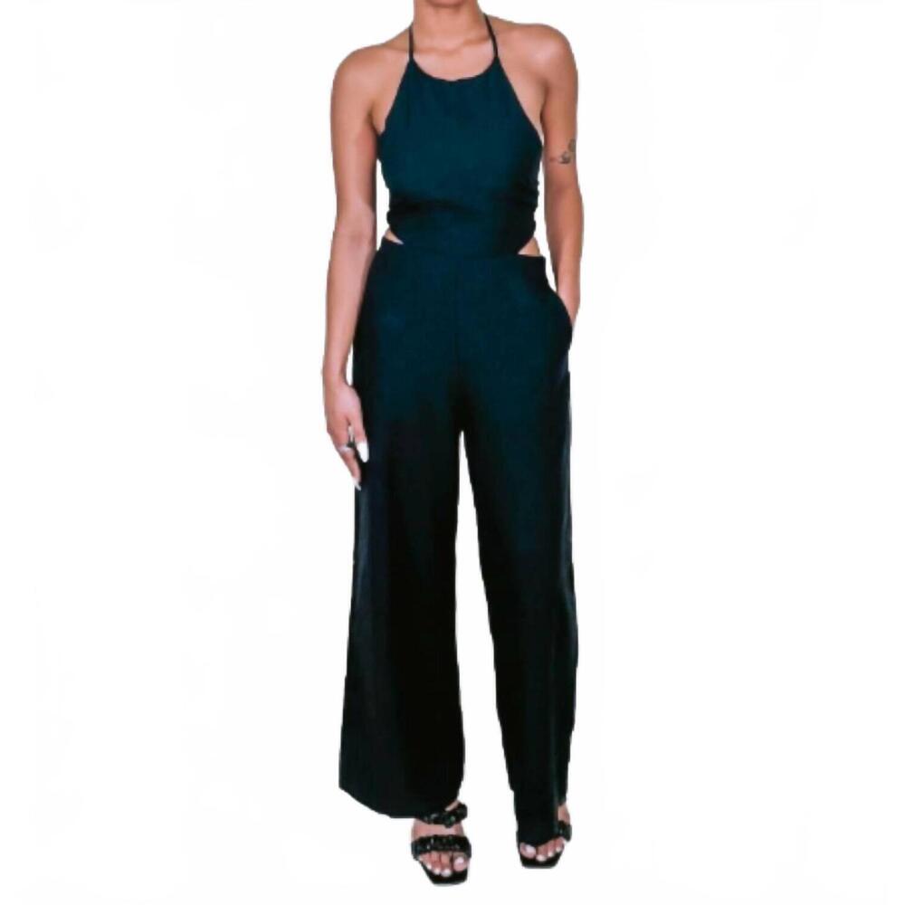 NEW CRESCENT yoko halter neck with side cut-outs jumpsuit in black